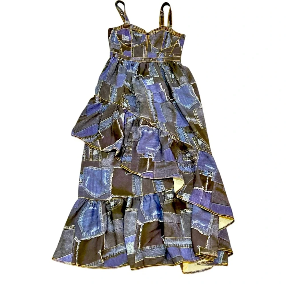 Cinq à Sept Jordyn Navy blue Patchwork tiered ruffle Midi cocktail Dress size 6 - Picture 10 of 16
